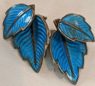 Vintage Sterling Silver 925 Denmark Blue Enamel Leaf Clip On Earrings