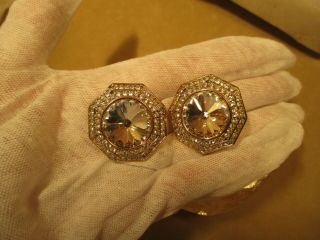 Vintage,  St.  John,  Gold Plate,  Rhinestone Bling Clip - On Earrings