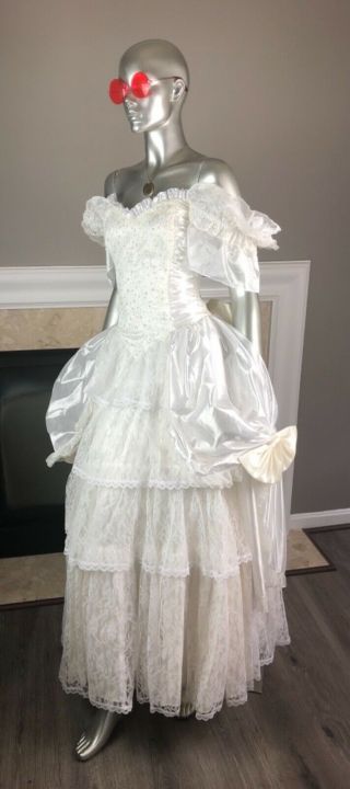 Vtg Gunne Sax Wedding Prairie Victorian Ruffle Lace Tulle Prom Bow Dress 9/10