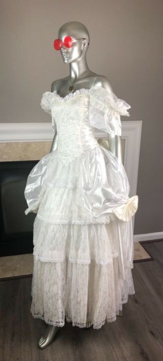 Vtg GUNNE SAX Wedding PRAIRIE Victorian RUFFLE Lace TULLE Prom BOW Dress 9/10 2