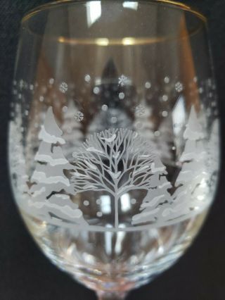 Vtg Libbey Arbys Winter Snow Scene 8 Wine Goblets Frosted Pine Trees Gold Trim