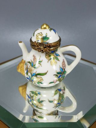 Vintage Limoges France Peint Main Signed Hinged Floral Teapot Shape Trinket Box