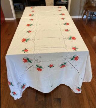 Vintage 50s 60s Embroidered Linen Table Cloth Christmas Bells Holly Poinset