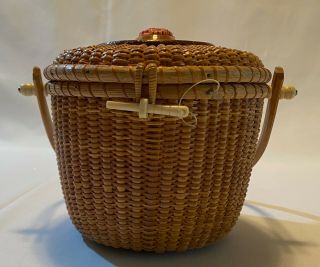 Vintage Woven Nantucket Basket Purse With Flower Carving,  Rare