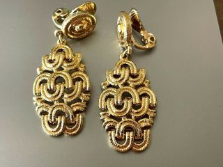 Vintage Monet Clip Dangle Earrings Gold Tone Open Work Weave 2 " Drop