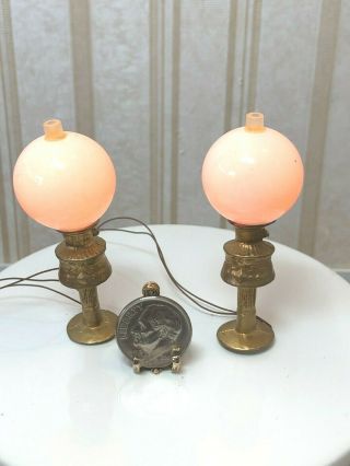 Dollhouse Miniature Vint.  Artisan 12v Pair Gold & Round White Shade Lamps 1:12