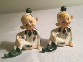 Vintage Lefton Japan Ceramic Christmas Holly Pixies/elves Salt & Pepper Shakers