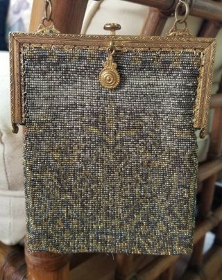 Antique French Art Deco Metal Micro Beaded Purse Brass Frame & Chain Gold Silver