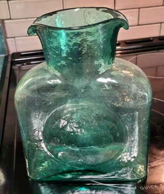 Vintage Blenko Art Glass Carafe Double Spout Water Pitcher Jug Teal Green