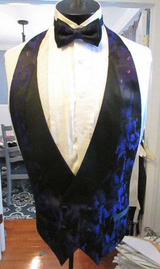 Men Vintage Formal Double Breasted Vest Purple Palm Design Tie & Sq.  Medium Nb3