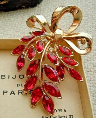 Vintage Quality Signed Crown Trifari Ruby Red Rhinestone Floral Bow Pin,  2 1/4 "