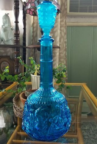 Vintage Blue Glass Genie Bottle Decanter Made In Italy Zodiac Motif