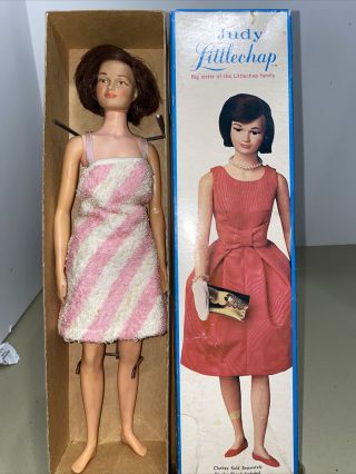 Vintage 1963 Remco Judy Littlechap 13.  5 " Jointed Vinyl Doll W/wrap,  Stand & Box