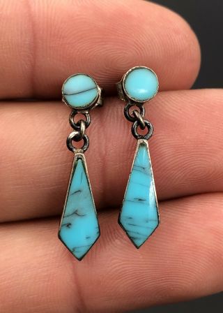 Vintage Navajo Sterling Silver Natural Blue Gem Turquoise Dangle Earrings