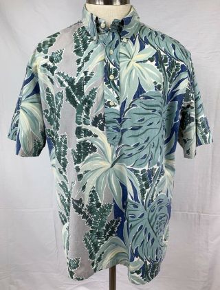 Vintage 90s Reyn Spooner Green Tropical Leaf Reverse Print Hawaiian Shirt Xl