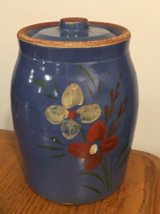Vtg Antique Blue Stoneware Pottery Cookie Jar W/ Hand - Painted Flowers