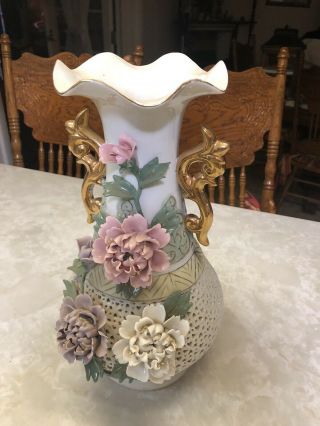 Vintage Capodimonte Large Porcelain Reticulated Vase With Flowers,  Italy