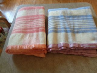 2 Vintage Wool Blue 7 Pink Striped Satin Trim 65 X 67 Inches