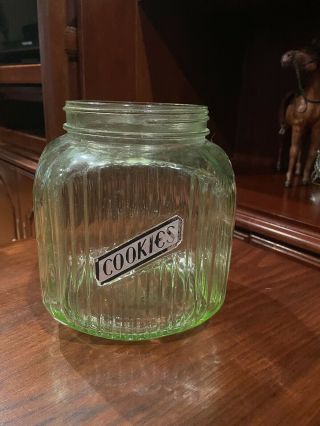 Vintage Green Depression Glass Ribbed Cookie Jar