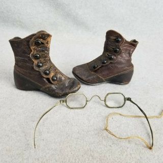 4 - 1/2 " Long Antique Brown Leather Doll Boots With Buttons & Vintage Eye Glasses