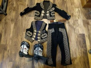 Charro Mariachi Fiesta Suit,  Handmade,  Toddler,  Wool Soutache Belt Vintage Boots
