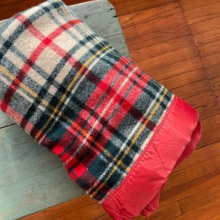 Vintage Pearce Tartan Red Plaid Wool Camp Blanket Satin Trim 70x75