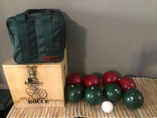 Vintage Sportcraft Bocce Ball Game Set In Wooden Crate & Bag Buona Fortuna Green