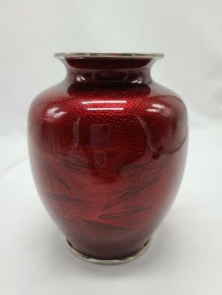 Vintage Japanese Sato Foil Cloisonne Pigeon Blood Red Vase 6 "