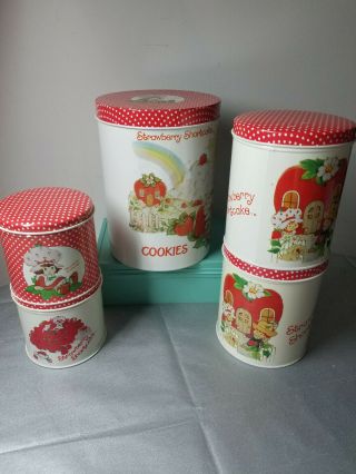 5 Vintage Strawberry Shortcake 1980 Nesting Metal Tin Cookie Jar Canisters