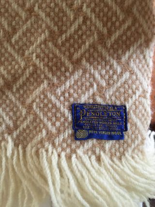 Vintage Pendleton Wool Fringed Blanket Throw 60”x 54” Tan Cream Basket Weave