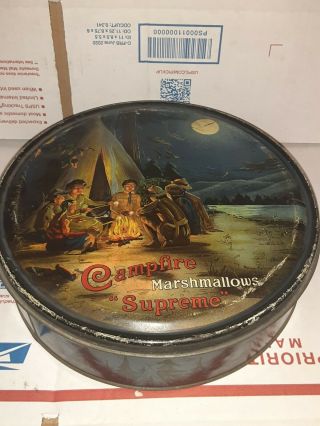 Vintage Campfire Supreme Marshmallow Tin With Boy Scout Camping Scene Rare