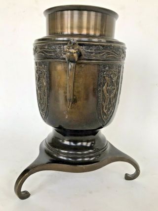 Vintage Antique Chinese Bronze (?) Metal Urn Vase Dragon Figural 3 Foot Pedestal