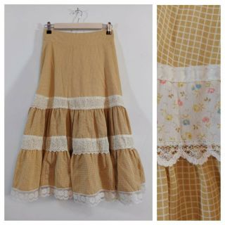 Vintage 70s Cotton Boho Hippie Prairie Skirt With Lace Handmade Gunne Sax Era