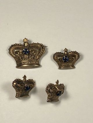 Vintage Sterling Silver Gold Gilt Crown Pins/broochs,  Earrings W/blue Stones