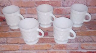 5 Vintage Anchor Hocking White Fire King Kimberly Diamond Pattern Coffee Cups.