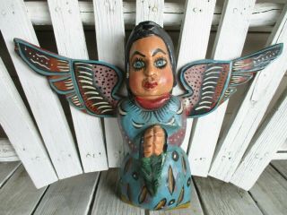 Vintage Mexican Folk Art Hand Carved Wood Winged Angel