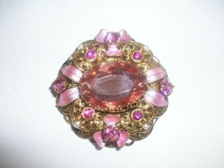 Vintage Pink Rhinestone & Enamel Ribbon Pin/brooch,  Lrg Center Stone W.  Germany?
