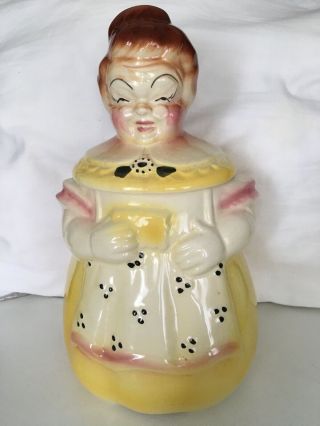 U.  S.  A.  American Bisque Cookie Jar Happy Grandma Yellow Dress Rare Granny