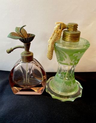 2 Vintage Perfume Bottles With Flower - Purple & Green Glass Bottles