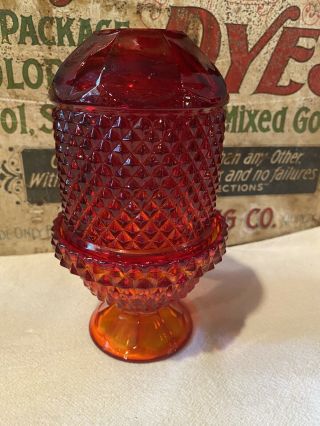 Viking Fairy Lamp Ruby Red Orange Amberina Diamond Point Glass Vintage Tea Light