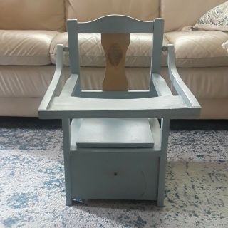 Vintage Wooden Child’s Potty Chair - - No Pot - With Lifted Guard Tray Baby Blue