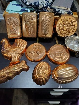 Set Of 11 Copper Kitchen Decor Molds Vintage Cake And Jello Molds