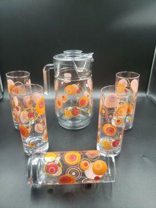 Set Of 5 Vintage Drinking Glasses & Pitcher Mcm? Orange Spots Swirls No Damage