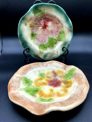 Vtg 2 Kani Of Hawaii Pottery Yellow & Pink Hibiscus Flower Plates/bowls Tropical