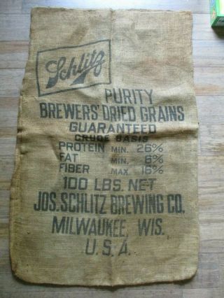 Vintage Jos Schlitz Brewing Co Milwaukee Dried Grain Burlap 100 Lbs Bag Man Cave