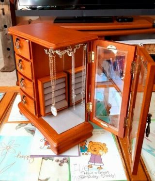Vintage Wood Jewelry Box Armoire With Necklace Carousel & Drawers