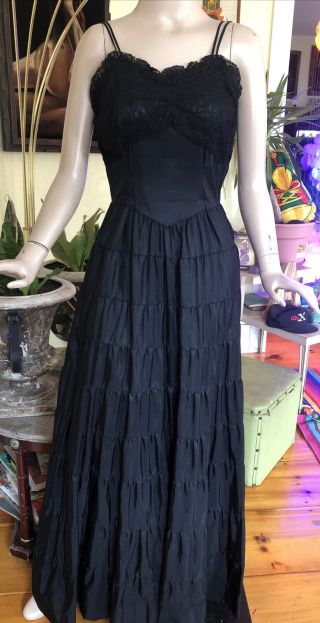 Vintage 1940s Black Party Lace Maxi Dress Tiered Taffeta Halloween Sz L