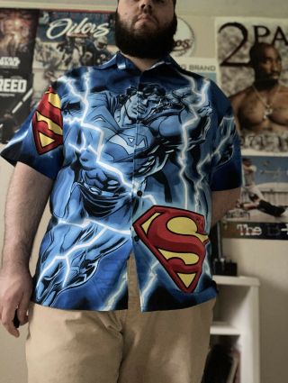 Mens Vintage Superman All Over Print Lightning Button Up Shirt Sz L Warners 2001