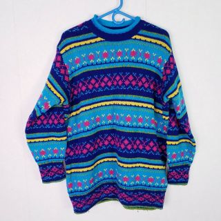 Unisex Vtg United Colors Of Benetton Shetland Wool Colorful Ski Sweater Large
