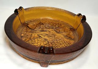 Vintage Huge 11 " In.  Thick Amber Glass Ashtray Heavy Mid - Century Birds 7lbs.